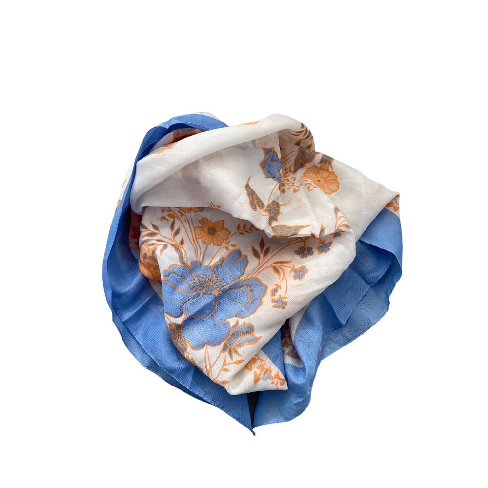 Valentina Fiore Square Scarf Blue Orange Floral Design Lightweight Polyester